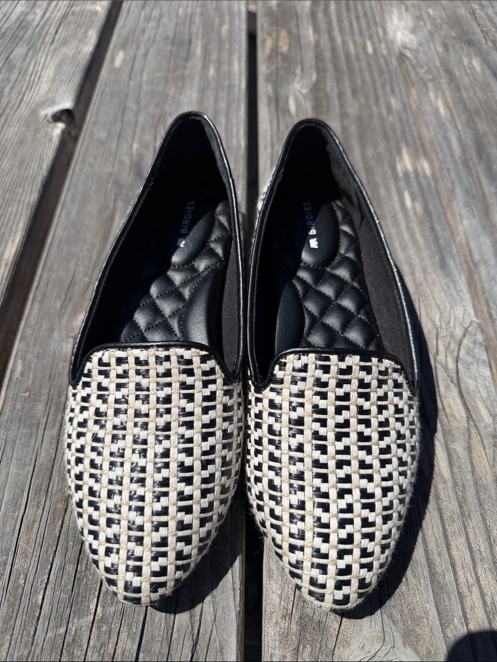 Birdies Black and Cream Woven Slip-On Loafers